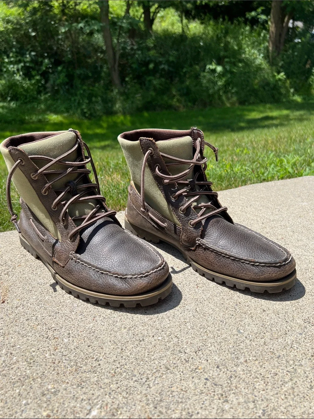 Sperry Top-Sider Brown Leather Green Canvas Boat Boots Hunting Boots Men’s 11.5M